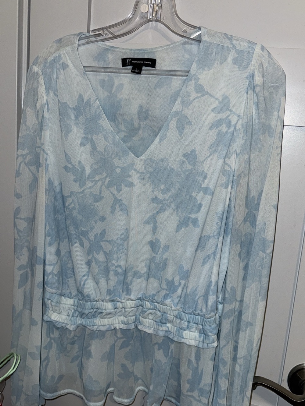 INC International Concepts Pale Blue Floral V-Neck Blouse